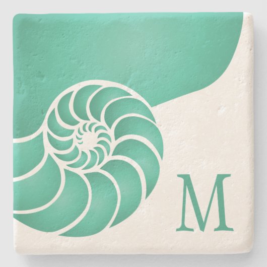 Deep Aqua Nautilus-Muschel mit Monogramm Steinuntersetzer (Vorderseite)