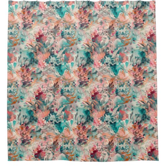 Deep Aqua, Peach, Mauve Floral Abstrakt Duschvorhang (Vorderseite)