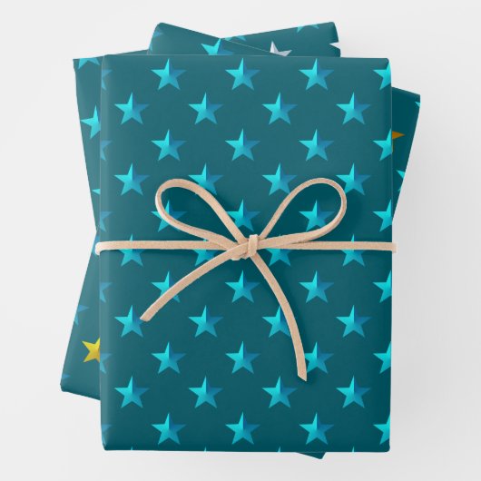 Deep Aquamarin Blue Silver Gold Stars Geschenkpapier Set (Beispiel)