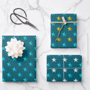 Deep Aquamarin Blue Silver Gold Stars Geschenkpapier Set