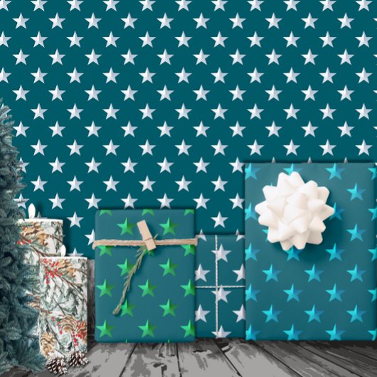 Deep Aquamarin Blue Silver Green Türkise Blue Star Geschenkpapier Set