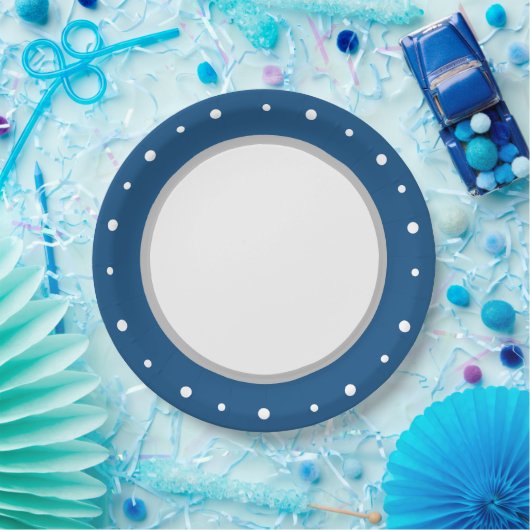 Deep Azure Blue Geometric White Polka Dots Pappteller (Party)