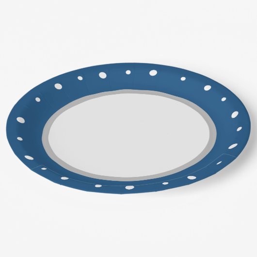 Deep Azure Blue Geometric White Polka Dots Pappteller (Schrägansicht)