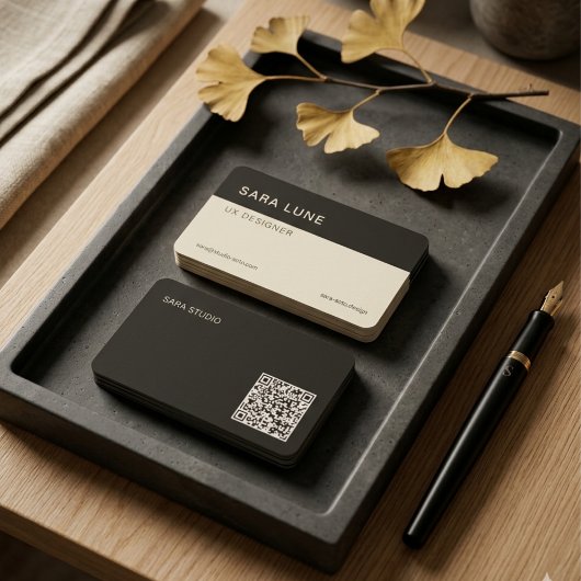 Deep Black Japandi Minimal QR Code Designer Studio Visitenkarte