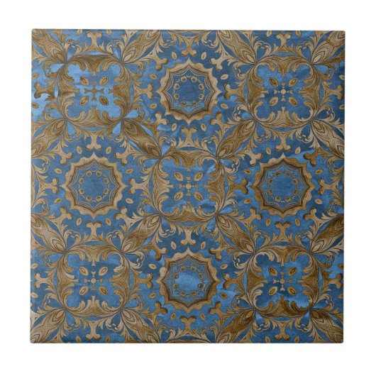 Deep Blue and Gold Ornate Medallion Pattern Fliese (Vorderseite)