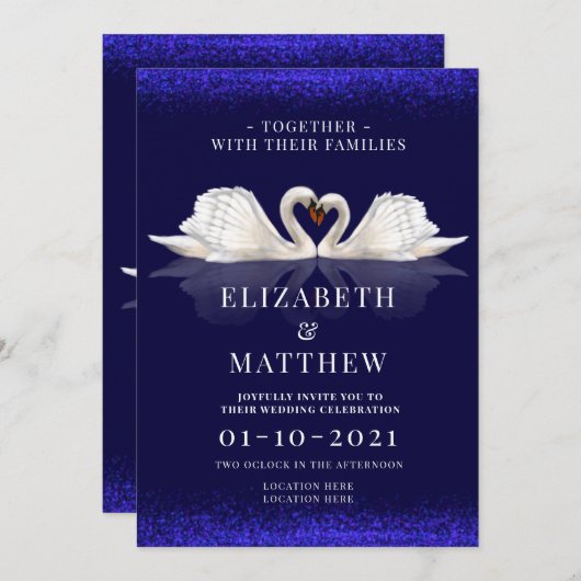 Deep Blue and White Themed mit Swans Wedding Einladung (Vorne/Hinten)