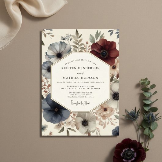 Deep Blue Bloom Romance Wedding Einladung