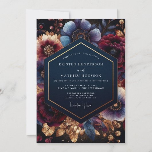 Deep Blue Botanical Bloom Wedding Einladung (Vorderseite)