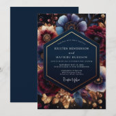 Deep Blue Botanical Bloom Wedding Einladung (Vorne/Hinten)