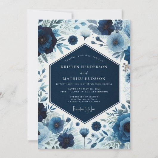 Deep Blue Botanical Bloom Wedding Einladung (Vorderseite)