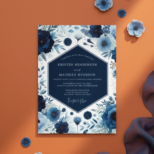 Deep Blue Botanical Bloom Wedding Einladung