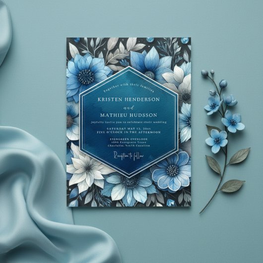 Deep Blue Botanical Opulence Wedding Einladung