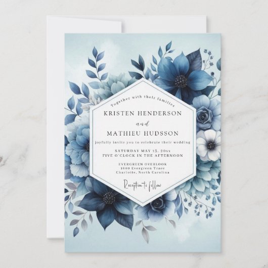 Deep Blue Botanical Whimsy Wedding Einladung (Vorderseite)