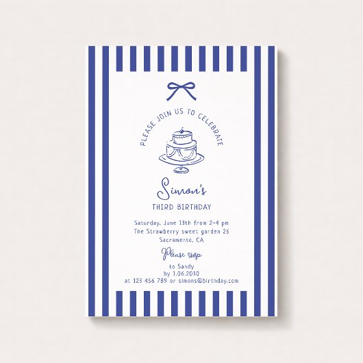 Deep Blue Bow, Striping Blue Geburtstag Einladung