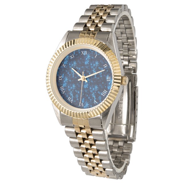 Deep Blue & Bright Snowflakes Unisex 2-Tone Watch Armbanduhr (Schrägansicht)