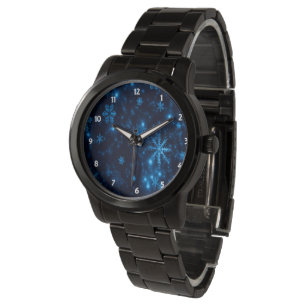 Deep Blue & Bright Snowflakes Unisex Schwarze Uhr