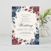 Deep Blue Burgundy Floral Blüh Wedding Einladung (Stehend Vorderseite)