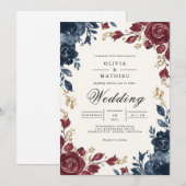 Deep Blue Burgundy Floral Blüh Wedding Einladung (Vorne/Hinten)