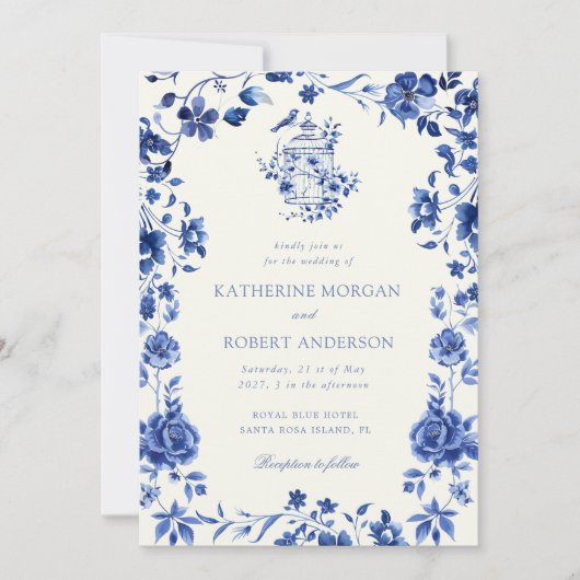 Deep Blue Chinoiserie Vintage Blumenhochzeit Einladung (Vorderseite)