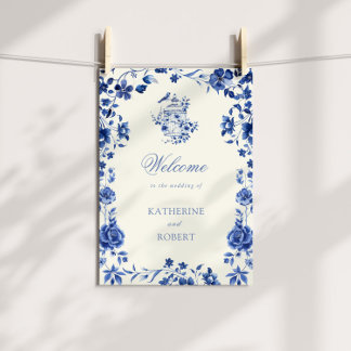 Deep Blue Chinoiserie Vintage Blumenhochzeit Poster