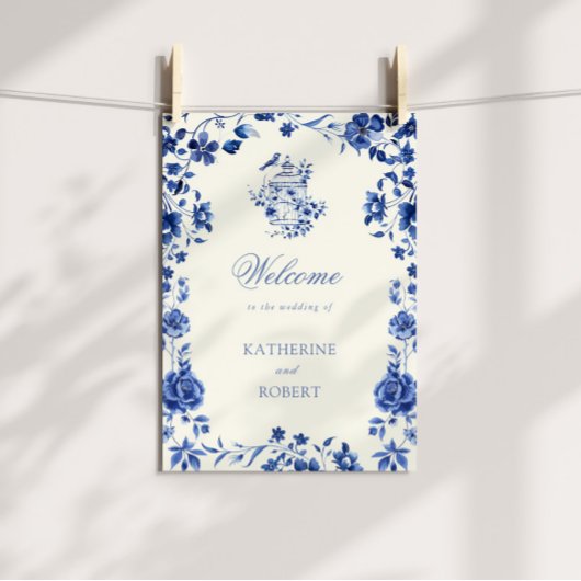 Deep Blue Chinoiserie Vintage Blumenhochzeit Poster