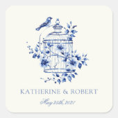 Deep Blue Chinoiserie Vintage Blumenhochzeit Quadratischer Aufkleber (Vorderseite)