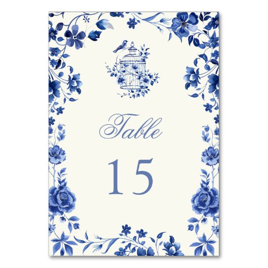 Deep Blue Chinoiserie Vintage Blumenhochzeit Tischnummer (Vorderseite)