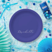 Deep Blue Color Schlicht Moderne Namenskalligraphi Pappteller (Party)