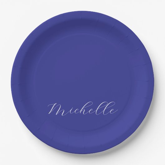 Deep Blue Color Schlicht Moderne Namenskalligraphi Pappteller (Vorderseite)