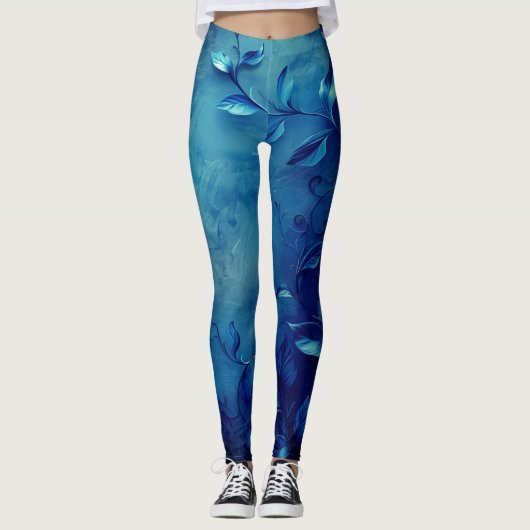 Deep Blue Decorative Leaves Leggings (Vorderseite)