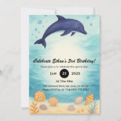 Deep Blue Dolphin & Seashell Ocean Birthday  Einladung (Vorderseite)