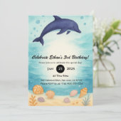 Deep Blue Dolphin & Seashell Ocean Birthday Einladung (Stehend Vorderseite)