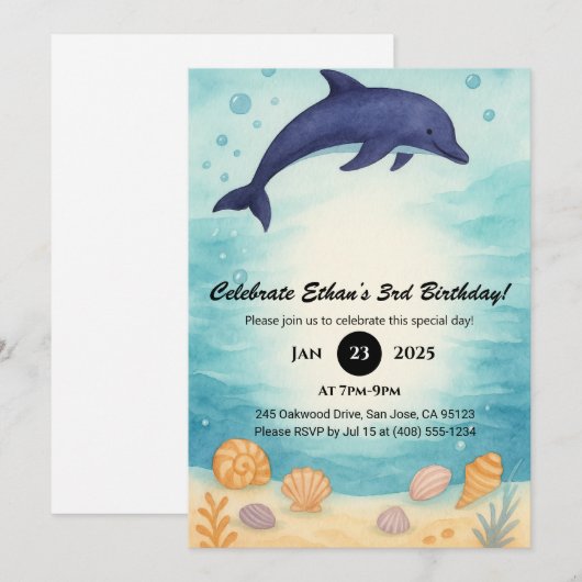 Deep Blue Dolphin & Seashell Ocean Birthday  Einladung (Vorne/Hinten)