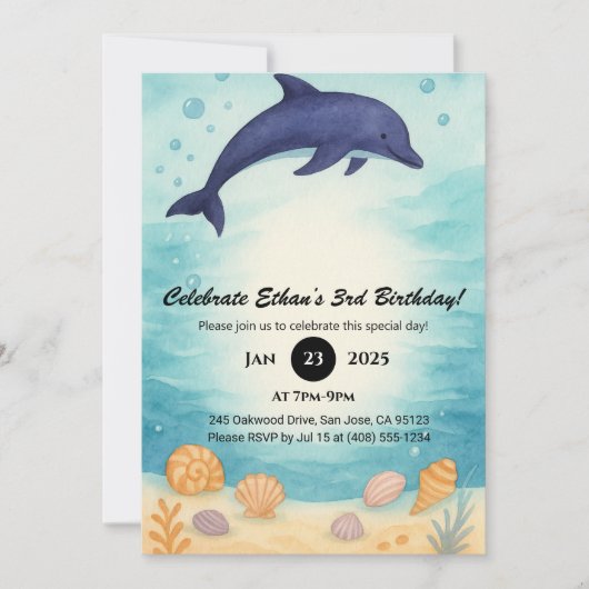 Deep Blue Dolphin & Seashell Ocean Geburtstag  Einladung (Vorderseite)