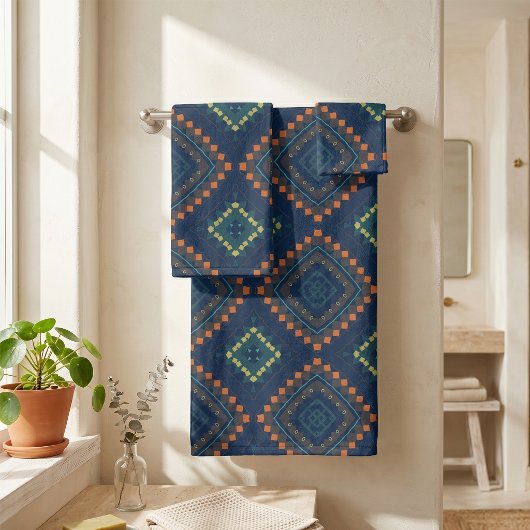 Deep Blue Ethnic Folk Boho Chic Mosaik Muster Badhandtuch Set
