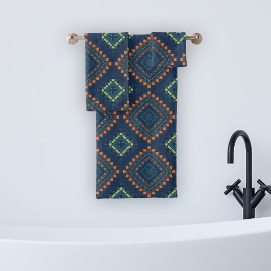 Deep Blue Ethnic Folk Boho Chic Mosaik Muster Badhandtuch Set