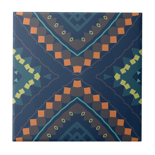 Deep Blue Ethnic Folk Boho Chic Mosaik Muster Fliese (Vorderseite)