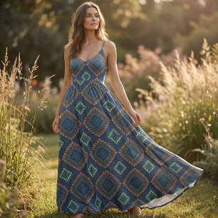 Deep Blue Ethnic Folk Boho Chic Mosaik Muster Stoff