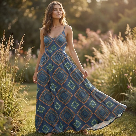Deep Blue Ethnic Folk Boho Chic Mosaik Muster Stoff