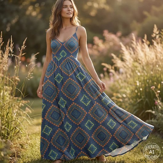 Deep Blue Ethnic Folk Boho Chic Mosaik Muster Stoff