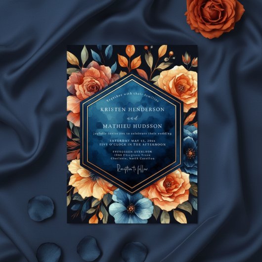 Deep Blue Floral Autumn Wedding Einladung