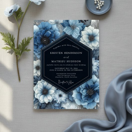 Deep Blue Floral Bloom Wedding Einladung