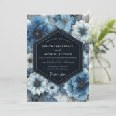 Deep Blue Floral Bloom Wedding Einladung (Stehend Vorderseite)