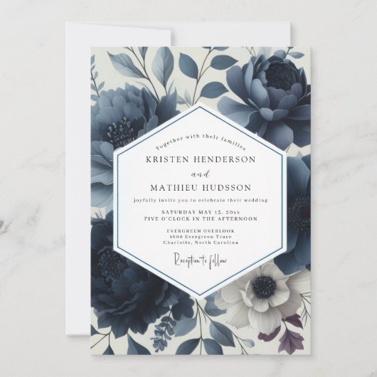 Deep Blue Floral Elegance Wedding Einladung (Vorderseite)