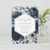 Deep Blue Floral Elegance Wedding Einladung (Stehend Vorderseite)