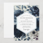 Deep Blue Floral Elegance Wedding Einladung (Vorne/Hinten)