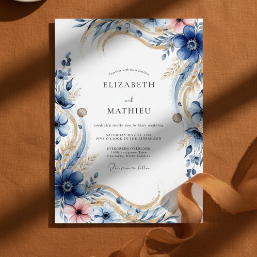 Deep Blue Floral Flourish Wedding Einladung