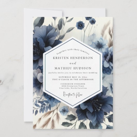 Deep Blue Floral Moody Wedding Einladung (Vorderseite)