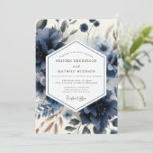 Deep Blue Floral Moody Wedding Einladung (Stehend Vorderseite)