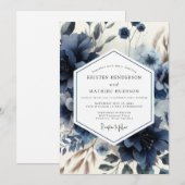 Deep Blue Floral Moody Wedding Einladung (Vorne/Hinten)